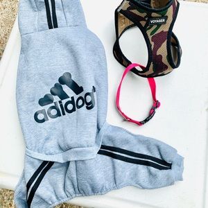 Doggy Tracksuit, Pink Collar and Camo Harness